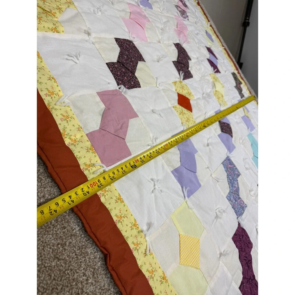 Handmade Vintage Patchwork Tied Quilt Bow 51x41 Baby VTG Nursery Farmhouse Decor